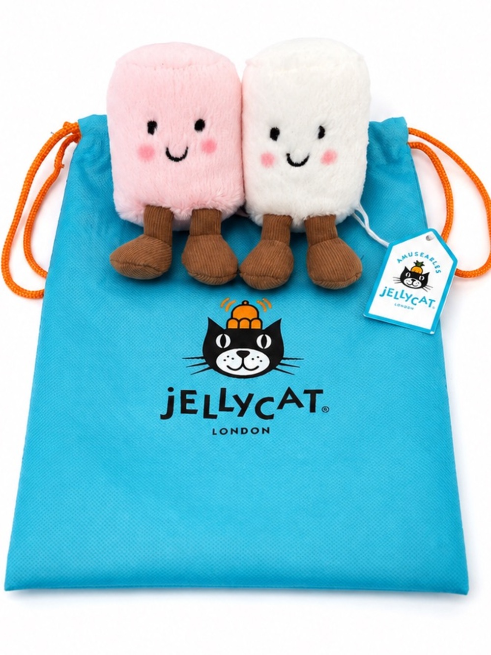 NEW - Set of 2 Jellycat Amuseables Pink & White Plush Marshmallow Duo w Pouch